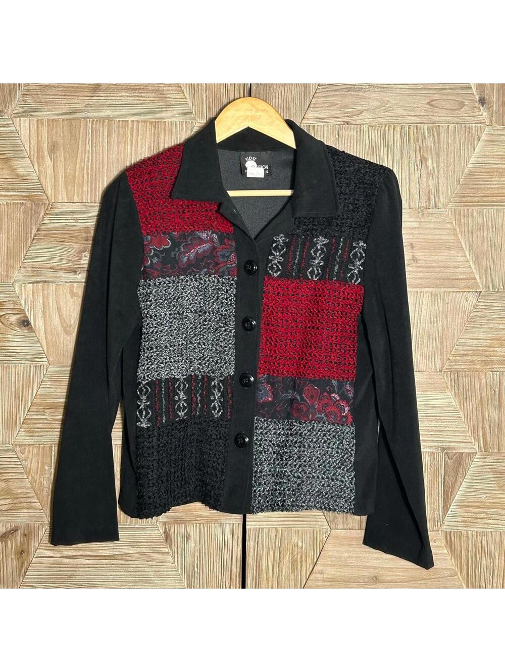 Vintage First Option Retro Black Red Patchwork Button Up Jacket Size PS Boho